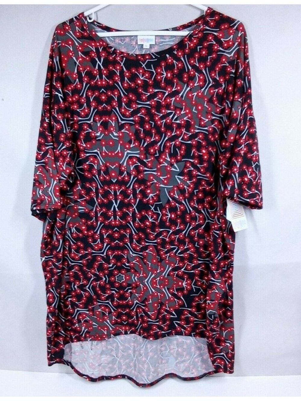 NWT Lularoe Irma Tunic Black With Red & Gray Floral Designs Size XL